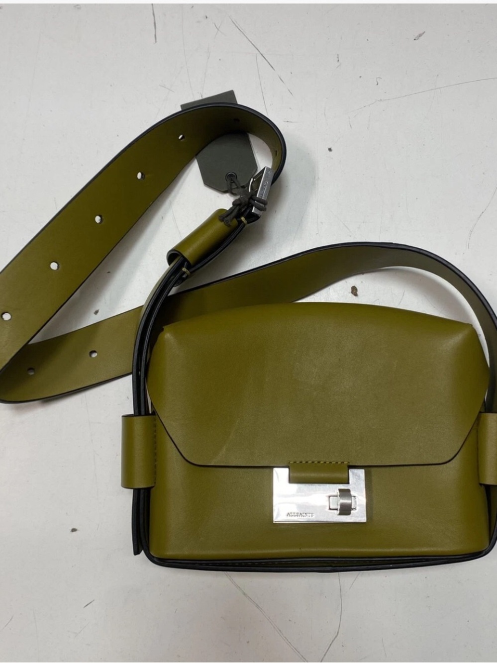 All Saints Olive Green Leather Crossbody with Silver-Tone Lock